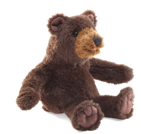 Soft mini sitting bear finger puppet with detailed face and paws, perfect for playful on-the-go fun and comfort.