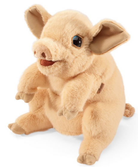 Soft beige pig puppet with movable mouth and forelegs sitting upright, perfect for playful storytelling.