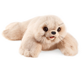 Plush harp seal pup puppet with soft fur, movable mouth, big dark eyes and front flippers, perfect for cuddling.