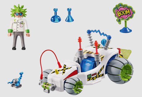 PLAYMOBIL Funstars Racing Professor with green hair, kart, accessories, and science experiment pieces on white background.