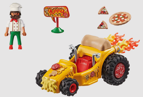 PLAYMOBIL Funstars Racing Pizza set with chef figure, yellow go kart, pizza slices, and yummy sign accessory.
