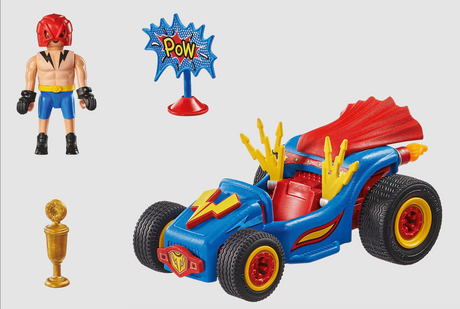 PLAYMOBIL Racing Wrestler playset with wrestler figure, blue go kart, trophy, and POW sign accessory for kids.