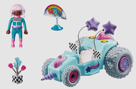 PLAYMOBIL Racing Unicorn Go Kart toy with turquoise racer, rainbow wow sign, and colorful accessories for imaginative play.