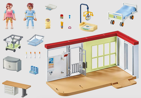 Playmobil maternity ward playset with figures, hospital bed, baby cart, changing table, warming lamp, and accessories.