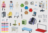 Orthopedic hospital playset with two figures, wheelchair, equipment, exam table, computer, skeleton, and therapy accessories.