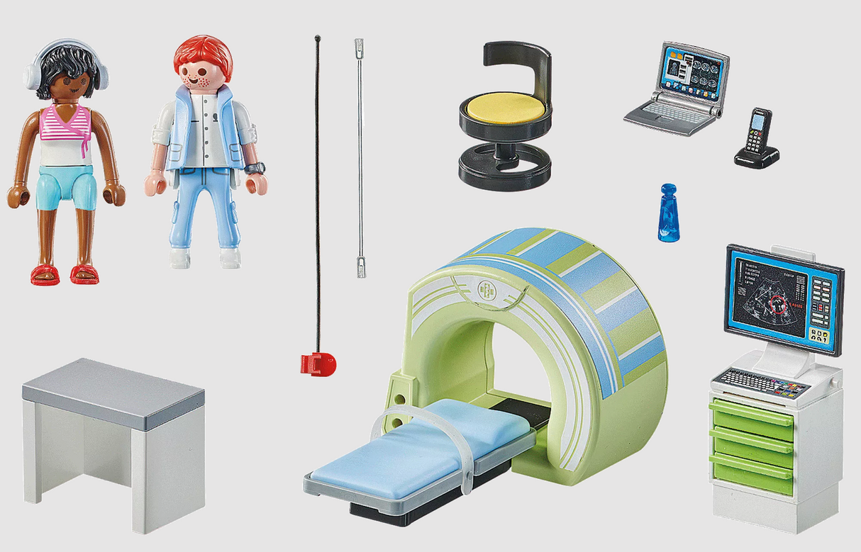 Toy playset featuring a child patient and doctor with an MRI machine and medical accessories for imaginative play