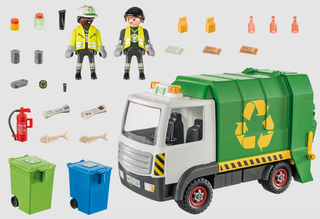 Toy recycling truck with two sanitation worker figures, bins, and assorted recyclable accessories for city cleanup play.