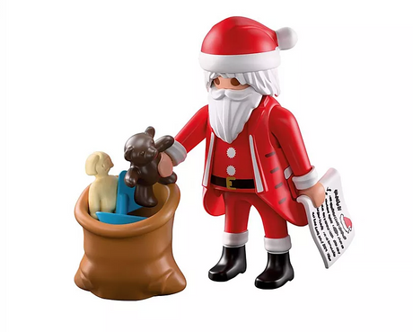 Santa Claus figure with jute sack, wishlist, teddy bear, doll, and toy ship accessories for imaginative play