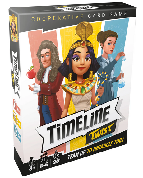 Timeline Twist cooperative card game box featuring historical characters for ages 8 and up, 2 to 6 players.