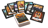 Deck and spread of Timeline Twist game cards showing historical events with colorful illustrations and timeline icons
