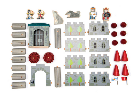 Wooden castle playset with archway, walls, soldiers, wolves, flags, and red cones for creative building fun
