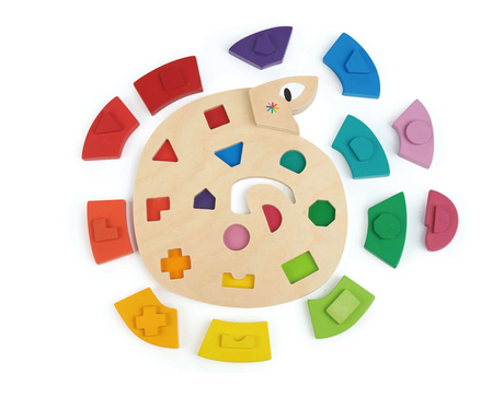Brightly colored wooden shape sorter toy with 12 pieces matching colors and shapes on a snake-shaped base for toddlers.