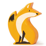 Smooth wooden fox toy with bright orange and white paint, designed for imaginative play and little hands.