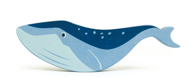 Smooth natural wooden toy whale painted in blue tones designed for imaginative play and easy grip for children aged three and up