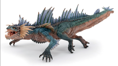 Detailed sea dragon model with textured blue and brown scales and sharp fins standing on four clawed legs