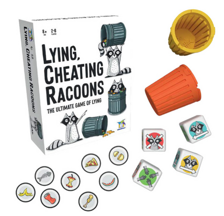 Board game with raccoon-themed dice, trash tokens, and cups for a fun group lying and deceit challenge.