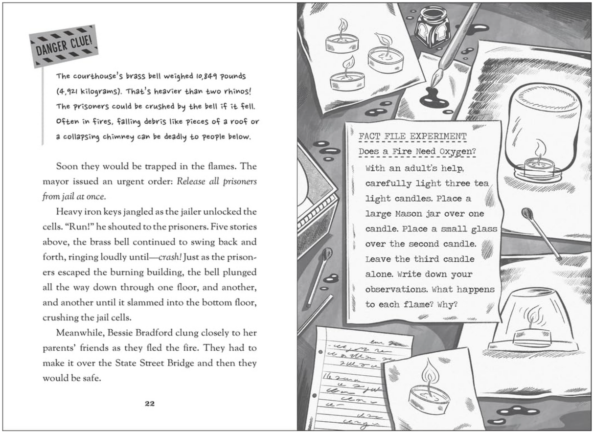 Black and white illustrated pages showing a disaster case file with text, notes, and a candle experiment setup