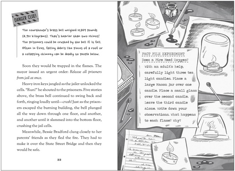 Black and white illustrated pages showing a disaster case file with text, notes, and a candle experiment setup