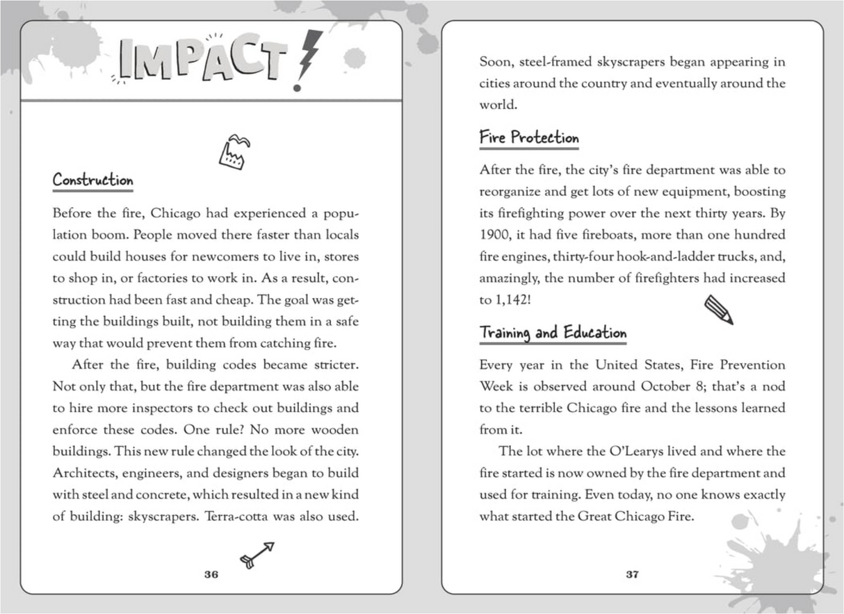 Open book titled Impact with text about Chicago fire construction, fire protection, and training and education.