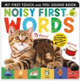 Cover of a children's sound book featuring a kitten and colorful words with interactive sound buttons for learning first words.