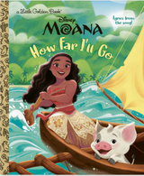 Book cover of Little Golden Book featuring Disney Moana and her pet pig sailing on the ocean with a bright yellow sail