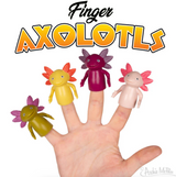 Four colorful soft vinyl axolotl finger puppets on a hand smiling with playful expressions and bright features