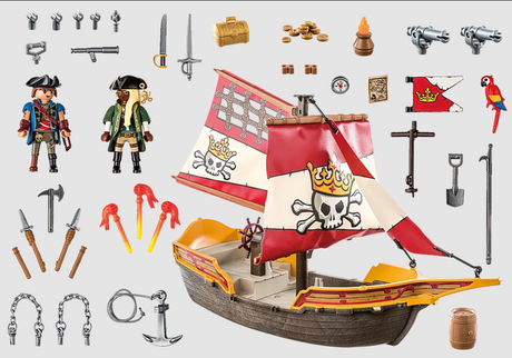 Toy pirate ship with movable sails, rotating cannons, two pirate figures, weapons, and treasure accessories set