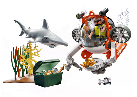 Submarine with driver holding golden crown near treasure chest and shark with seaweed in underwater scene toy set