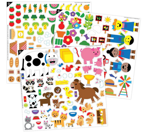 Sheets of colorful farm animal and farmer stickers for creative play and storytelling with repositionable pieces