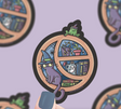 Cute Halloween window sticker showing a witch’s cat, frog, plants, and magical books in a round window frame.