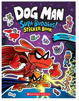 Cover of Dog Man Supa Buddies Sticker Book featuring Dog Man and friends with over 250 stickers included for creative fun