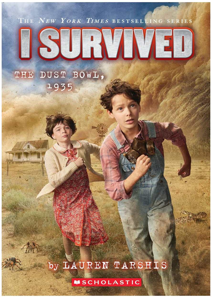 Two children running from a massive dust storm during the Dust Bowl of 1935 on a book cover