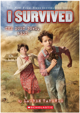 Two children running from a massive dust storm during the Dust Bowl of 1935 on a book cover