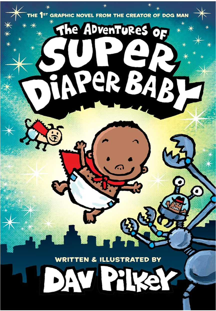 Colorful graphic novel cover of Super Diaper Baby flying with Diaper Dog fighting a robotic villain in a city night sky background