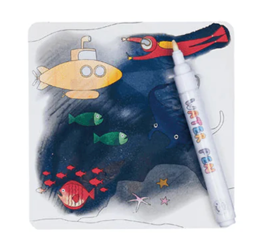 Underwater scene on magic water card showing submarine, fish, diver, with water pen coloring the design