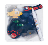 Underwater scene on magic water card showing submarine, fish, diver, with water pen coloring the design