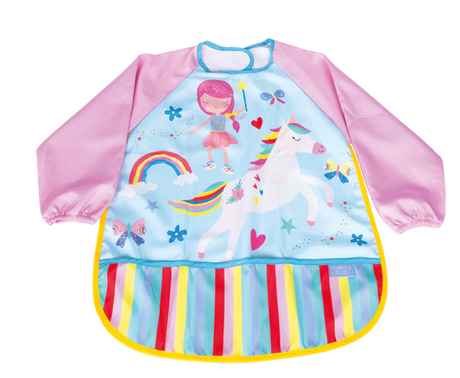 Child’s long-sleeve rainbow fairy apron with pocket, adjustable neck, and colorful unicorn and rainbow design
