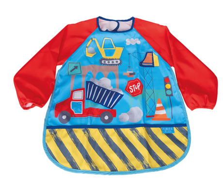 Children’s play apron with construction theme, long red sleeves, adjustable neck, and front pocket for messy activities