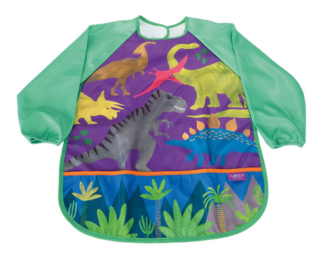 Children’s long-sleeve apron with colorful dinosaur prints, adjustable neck, and front pocket for messy play activities.