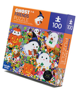 100-piece Halloween puzzle featuring cute ghosts, pumpkins, and candy that glow in the dark for kids aged 5 and up