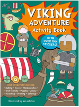 Cover of Viking Adventure Activity Book featuring colorful Viking characters and adventure-themed illustrations for kids.