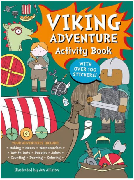 Cover of Viking Adventure Activity Book featuring colorful Viking characters and adventure-themed illustrations for kids.