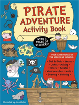 Cover of pirate-themed activity book featuring kids, treasure chest, pirate ship, and fun adventure activities listed.