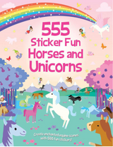 Children’s sticker activity book with colorful horses, unicorns, fairies, and a rainbow in an enchanted forest setting.