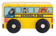 Wooden yellow school bus toy with black wheels and animal passengers, perfect size for toddlers and playmats