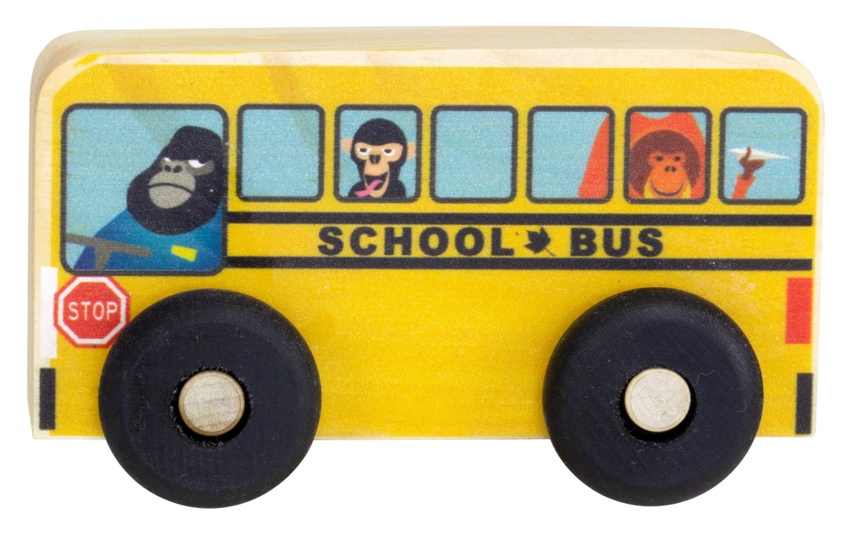 Wooden yellow school bus toy with black wheels and animal passengers, perfect size for toddlers and playmats