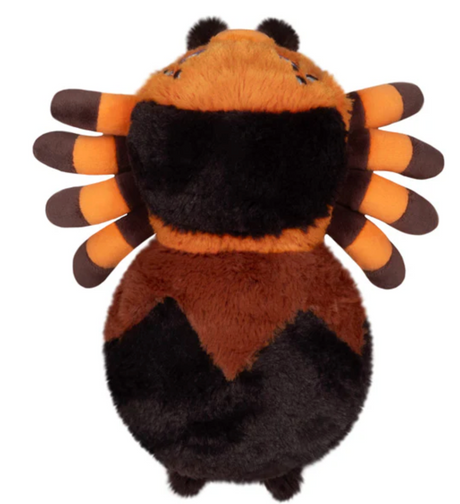 Soft and colorful plush tarantula toy with orange and black stripes, perfect for all ages and cozy snuggles.