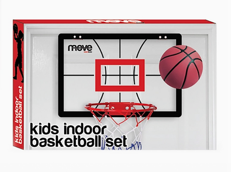 Kids indoor basketball set with backboard, hoop, net, and small basketball for fun active play.