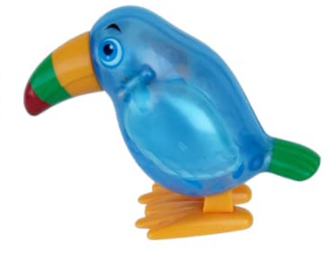 Bright blue translucent plastic toucan wind-up toy with colorful beak and wings standing on yellow feet