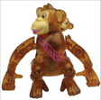 Brown translucent wind-up chimpanzee toy walking sideways with a baby chimp on its back playing peek-a-boo